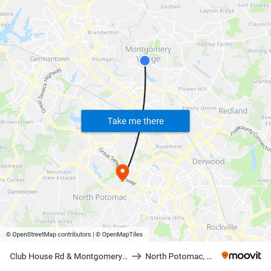 Club House Rd & Montgomery Village Ave to North Potomac, Maryland map