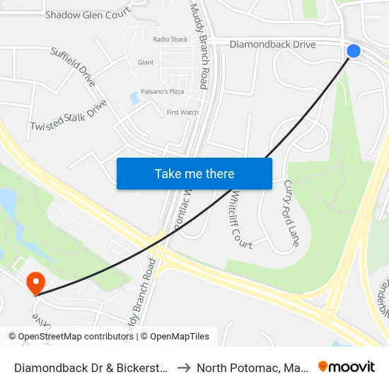 Diamondback Dr & Bickerstaff Way to North Potomac, Maryland map