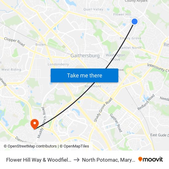 Flower Hill Way & Woodfield Rd to North Potomac, Maryland map