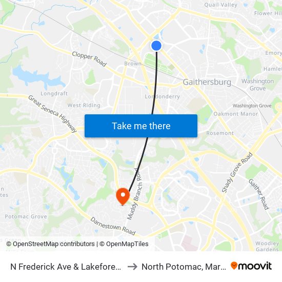 N Frederick Ave & Lakeforest Blvd to North Potomac, Maryland map