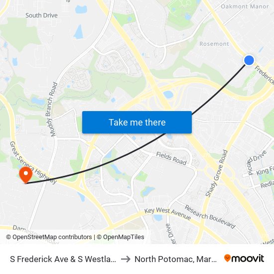 S Frederick Ave & S Westland Dr to North Potomac, Maryland map