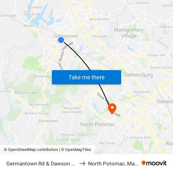 Germantown Rd & Dawson Farm Rd to North Potomac, Maryland map