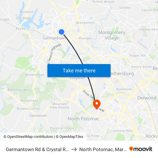 Germantown Rd & Crystal Rock Dr to North Potomac, Maryland map