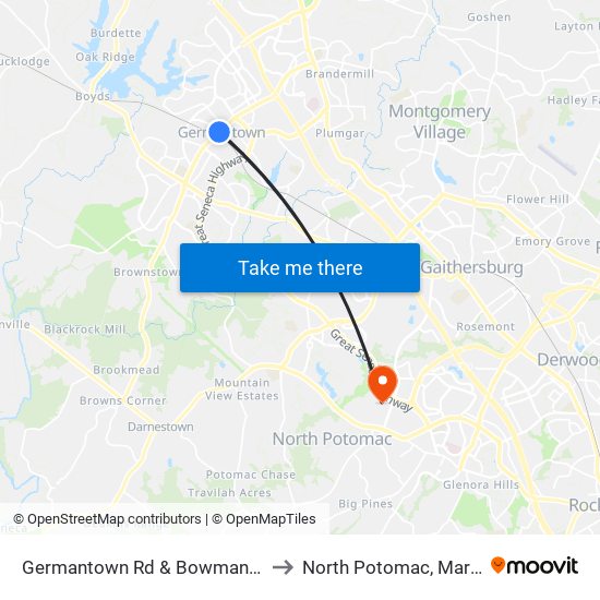 Germantown Rd & Bowman Mill Dr to North Potomac, Maryland map