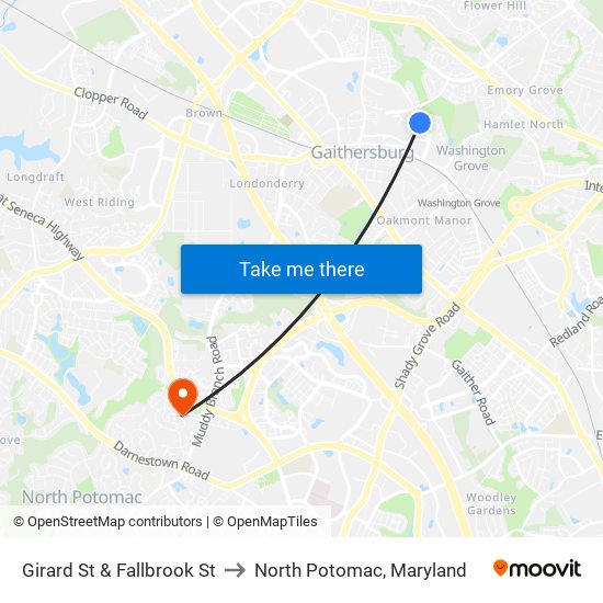 Girard St & Fallbrook St to North Potomac, Maryland map