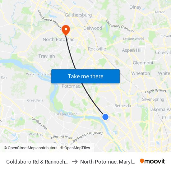 Goldsboro Rd & Rannoch Rd to North Potomac, Maryland map