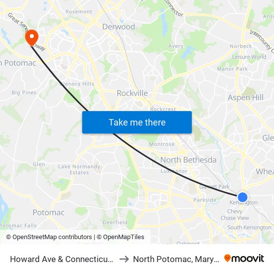 Howard Ave & Connecticut Ave to North Potomac, Maryland map