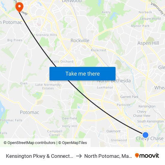 Kensington Pkwy & Connecticut Ave to North Potomac, Maryland map