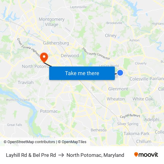 Layhill Rd & Bel Pre Rd to North Potomac, Maryland map