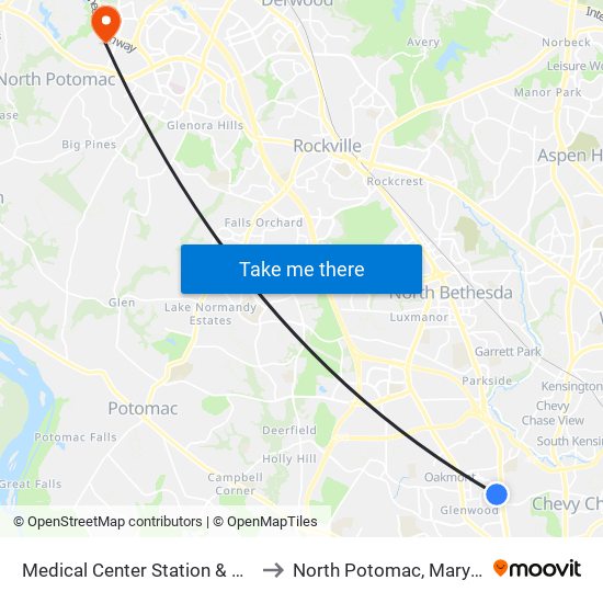 Medical Center Station & Bay C to North Potomac, Maryland map