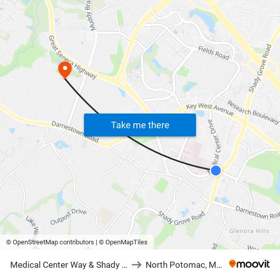 Medical Center Way & Shady Grove Rd to North Potomac, Maryland map