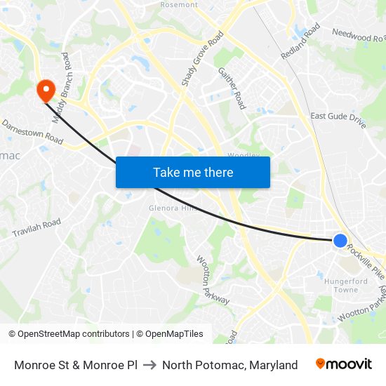 Monroe St & Monroe Pl to North Potomac, Maryland map