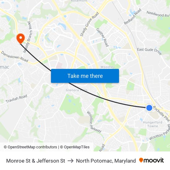 Monroe St & Jefferson St to North Potomac, Maryland map