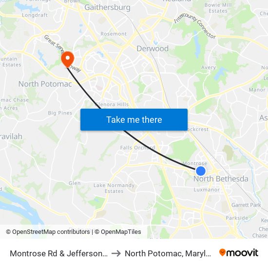 Montrose Rd & Jefferson St to North Potomac, Maryland map