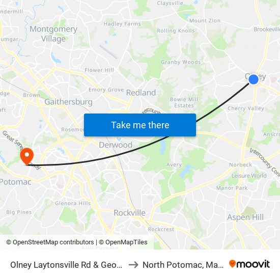 Olney Laytonsville Rd & Georgia Ave to North Potomac, Maryland map