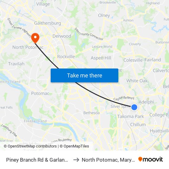 Piney Branch Rd & Garland Ave to North Potomac, Maryland map