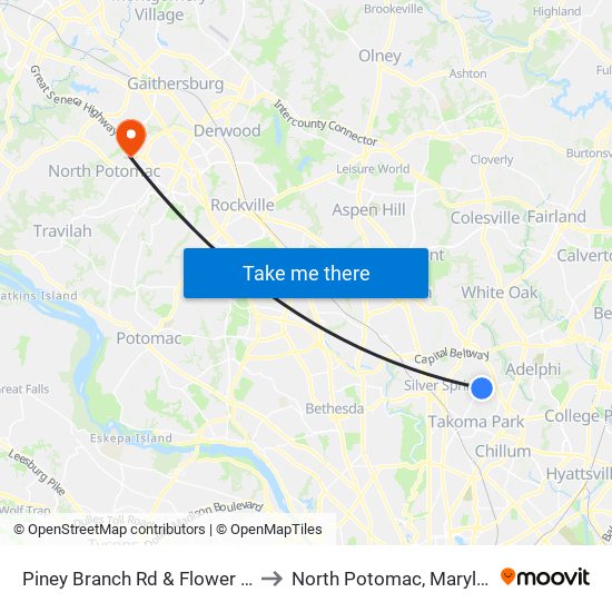 Piney Branch Rd & Flower Ave to North Potomac, Maryland map