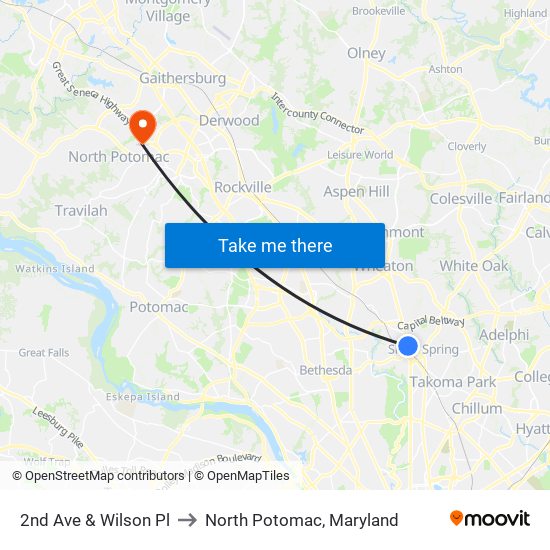 2nd Ave & Wilson Pl to North Potomac, Maryland map