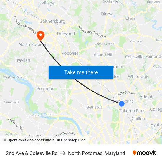 2nd Ave & Colesville Rd to North Potomac, Maryland map