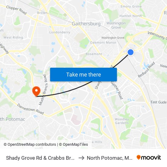 Shady Grove Rd & Crabbs Branch Way to North Potomac, Maryland map