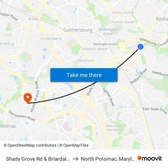 Shady Grove Rd & Briardale Rd to North Potomac, Maryland map