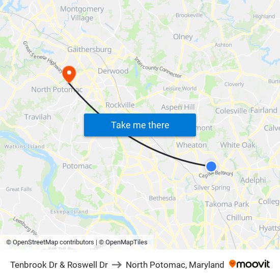 Tenbrook Dr & Roswell Dr to North Potomac, Maryland map