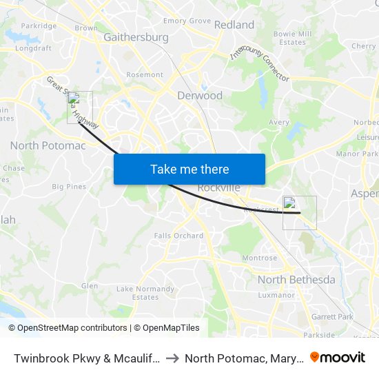 Twinbrook Pkwy & Mcauliffe Dr to North Potomac, Maryland map