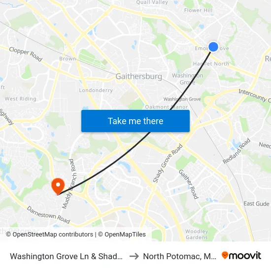 Washington Grove Ln & Shady Spring Dr to North Potomac, Maryland map
