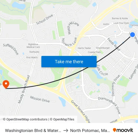 Washingtonian Blvd & Waterfront Pl to North Potomac, Maryland map
