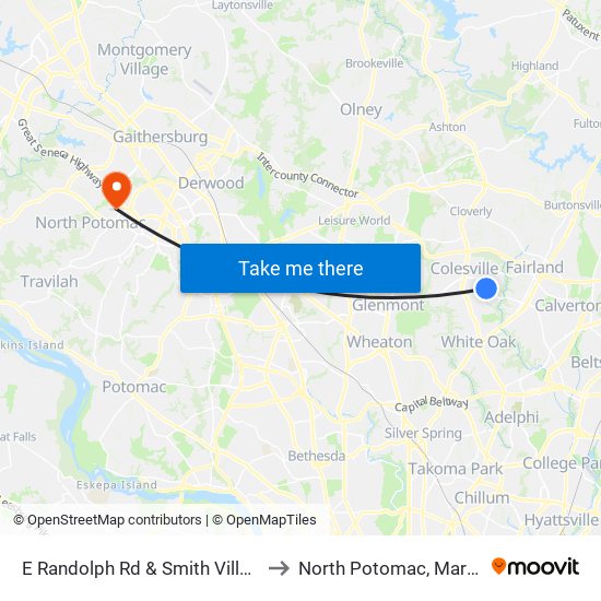 E Randolph Rd & Smith Village Rd to North Potomac, Maryland map
