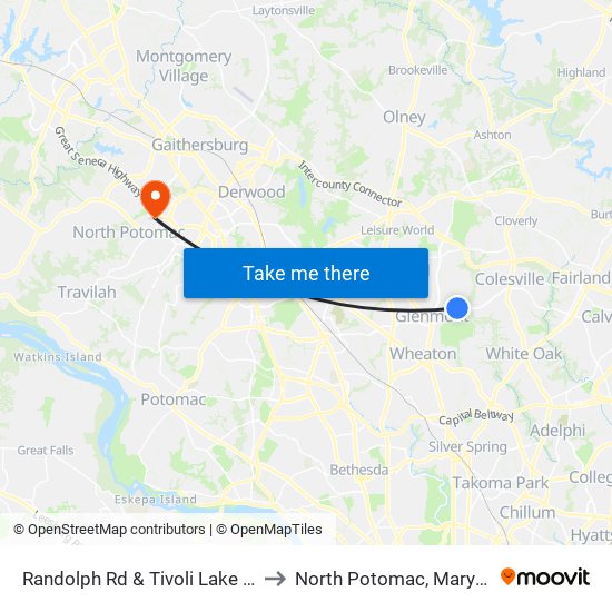 Randolph Rd & Tivoli Lake Blvd to North Potomac, Maryland map