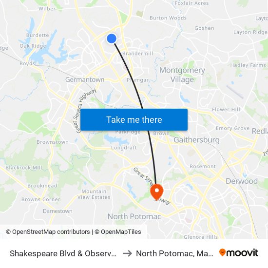 Shakespeare Blvd & Observation Dr to North Potomac, Maryland map