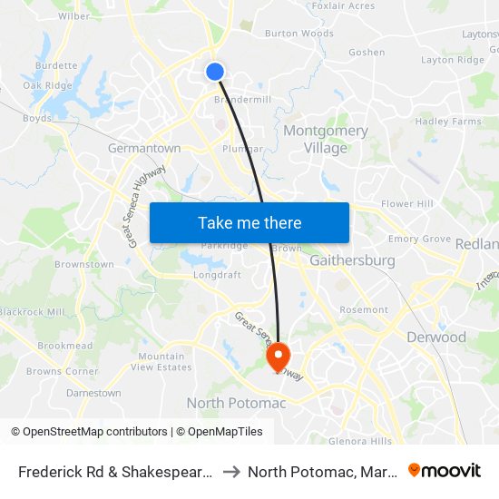 Frederick Rd & Shakespeare Blvd to North Potomac, Maryland map