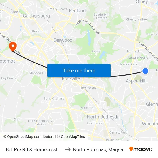 Bel Pre Rd & Homecrest Rd to North Potomac, Maryland map