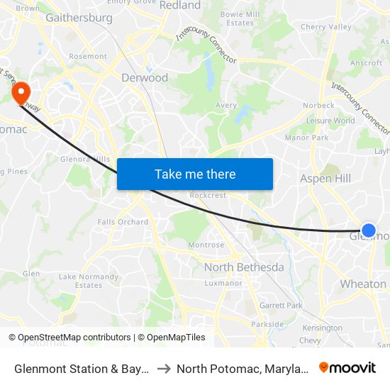 Glenmont Station & Bay C to North Potomac, Maryland map