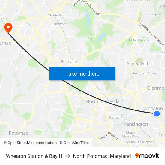 Wheaton Station & Bay H to North Potomac, Maryland map