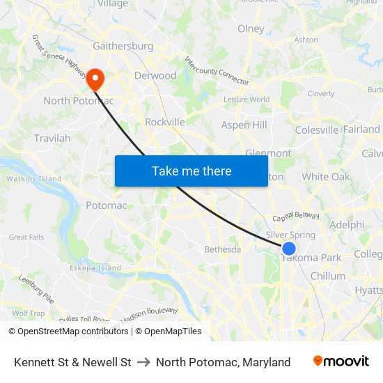 Kennett St & Newell St to North Potomac, Maryland map