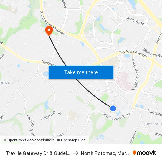 Traville Gateway Dr & Gudelsky Dr to North Potomac, Maryland map