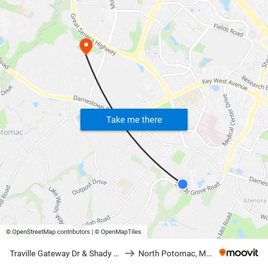 Traville Gateway Dr & Shady Grove Rd to North Potomac, Maryland map