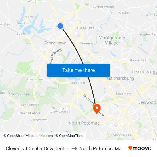 Cloverleaf Center Dr & Century Blvd to North Potomac, Maryland map