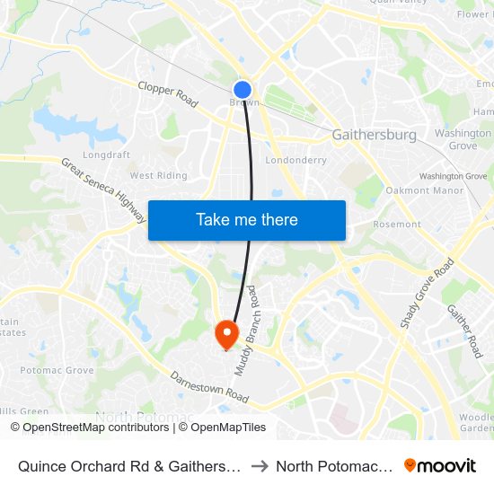 Quince Orchard Rd & Gaithersburg Park & Ride to North Potomac, Maryland map