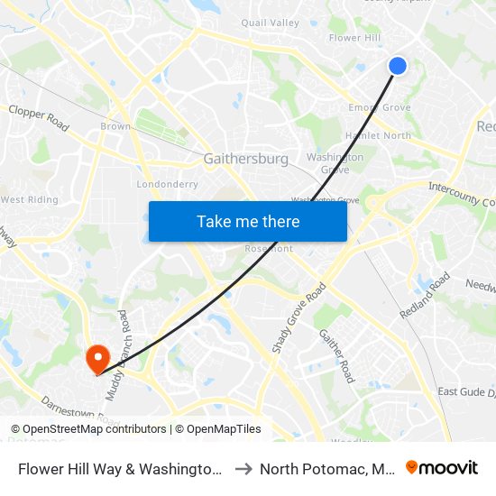 Flower Hill Way & Washington Grove Ln to North Potomac, Maryland map