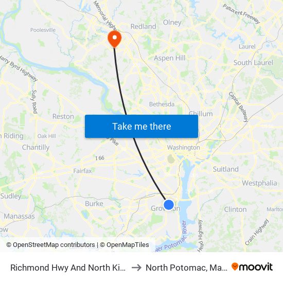 Richmond Hwy And North Kings Hwy to North Potomac, Maryland map