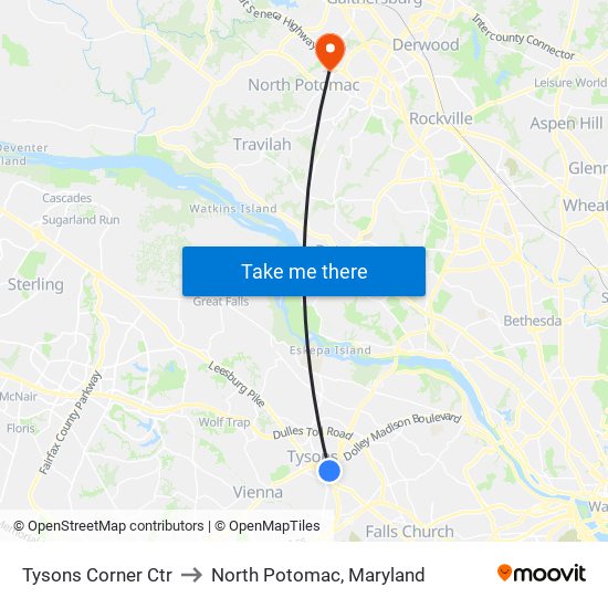 Tysons Corner Ctr to North Potomac, Maryland map