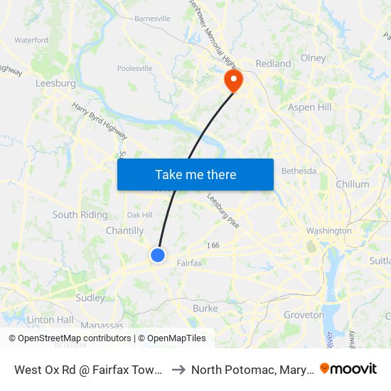 West Ox Rd @ Fairfax Towne Ce to North Potomac, Maryland map