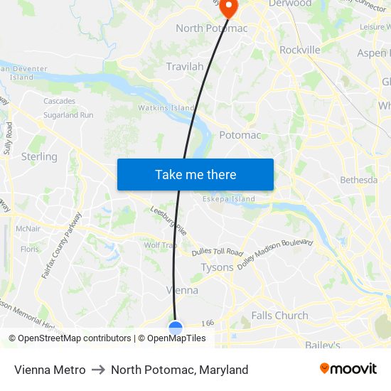 Vienna Metro to North Potomac, Maryland map