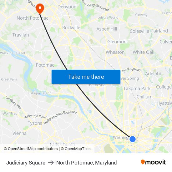 Judiciary Square to North Potomac, Maryland map