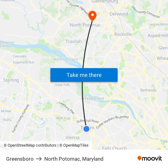 Greensboro to North Potomac, Maryland map