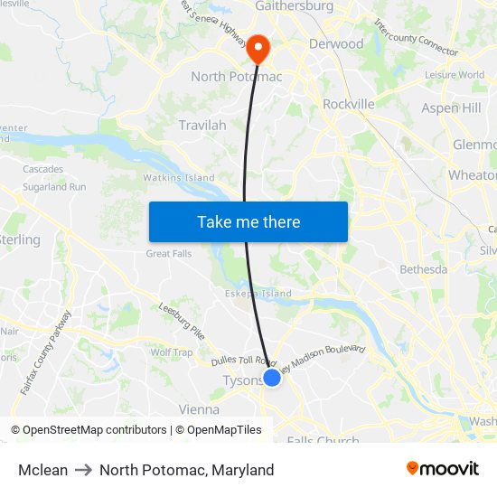 Mclean to North Potomac, Maryland map