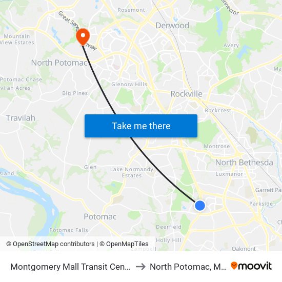 Montgomery Mall Transit Center & Bay B to North Potomac, Maryland map